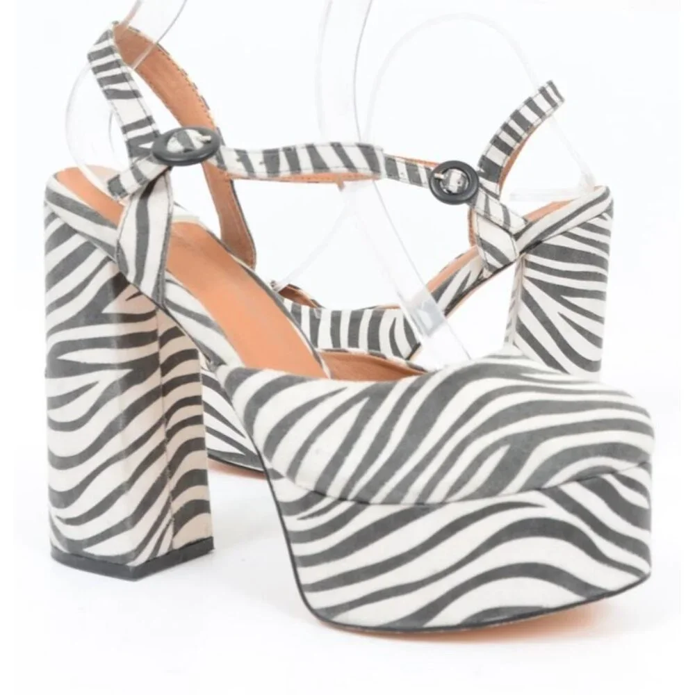 NastyGal Zebra Print Platform Mary Jane Heels UK 5 US 7 Safari Coquette Rave